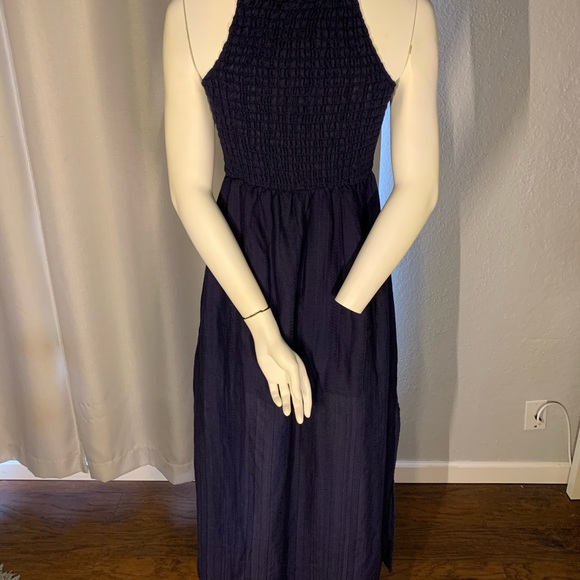Navy linen maxi dress with slits on both sides - Picture 2 of 2